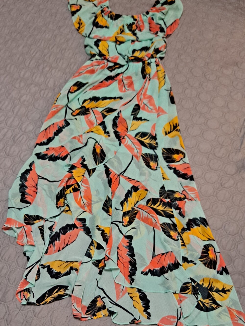 Express Women’s Mint Tropical Leaf Maxi Dress - Peach & Yellow Print Sz XS